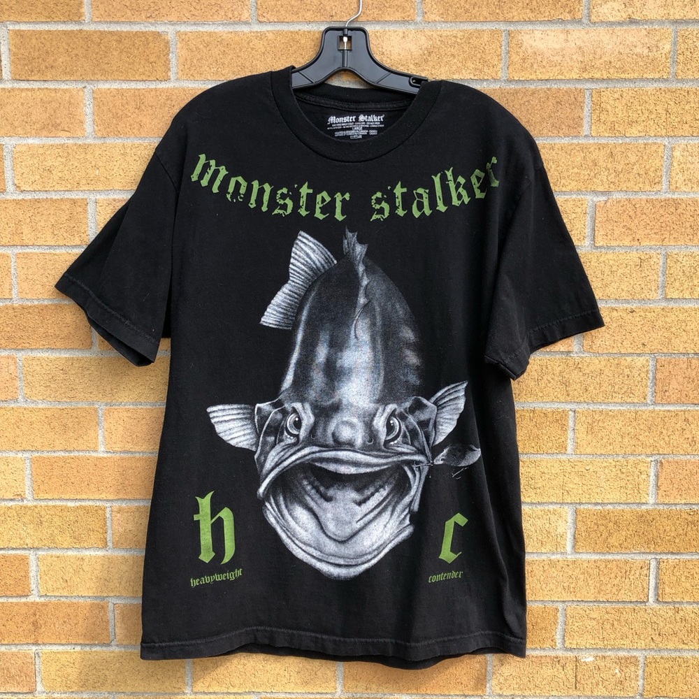 Monster Stalker Clothing Black Graphic T-shirt with Fish Design Fishbum Fishing